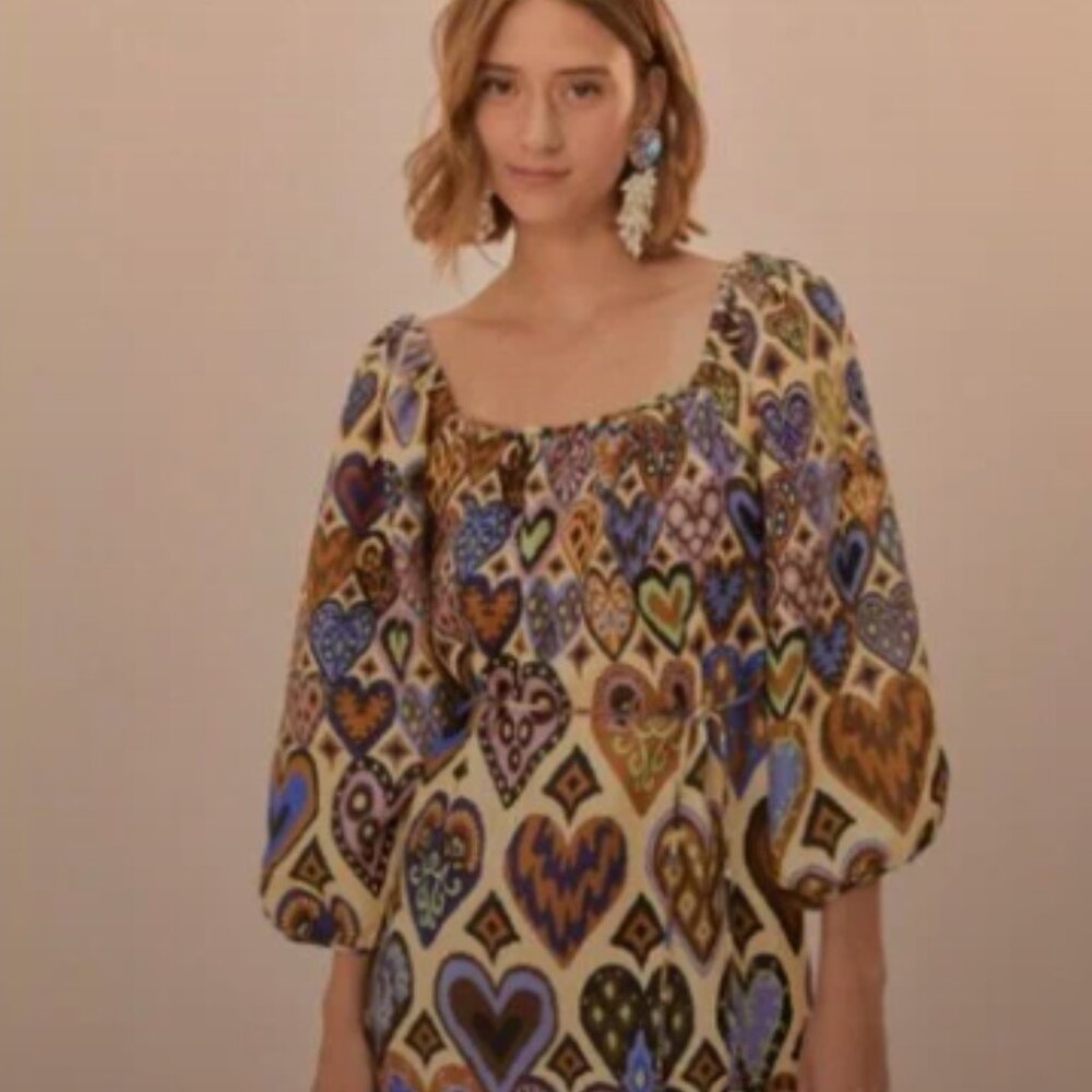 FARM Rio Multicolor Heart Print Long Sleeve Dress